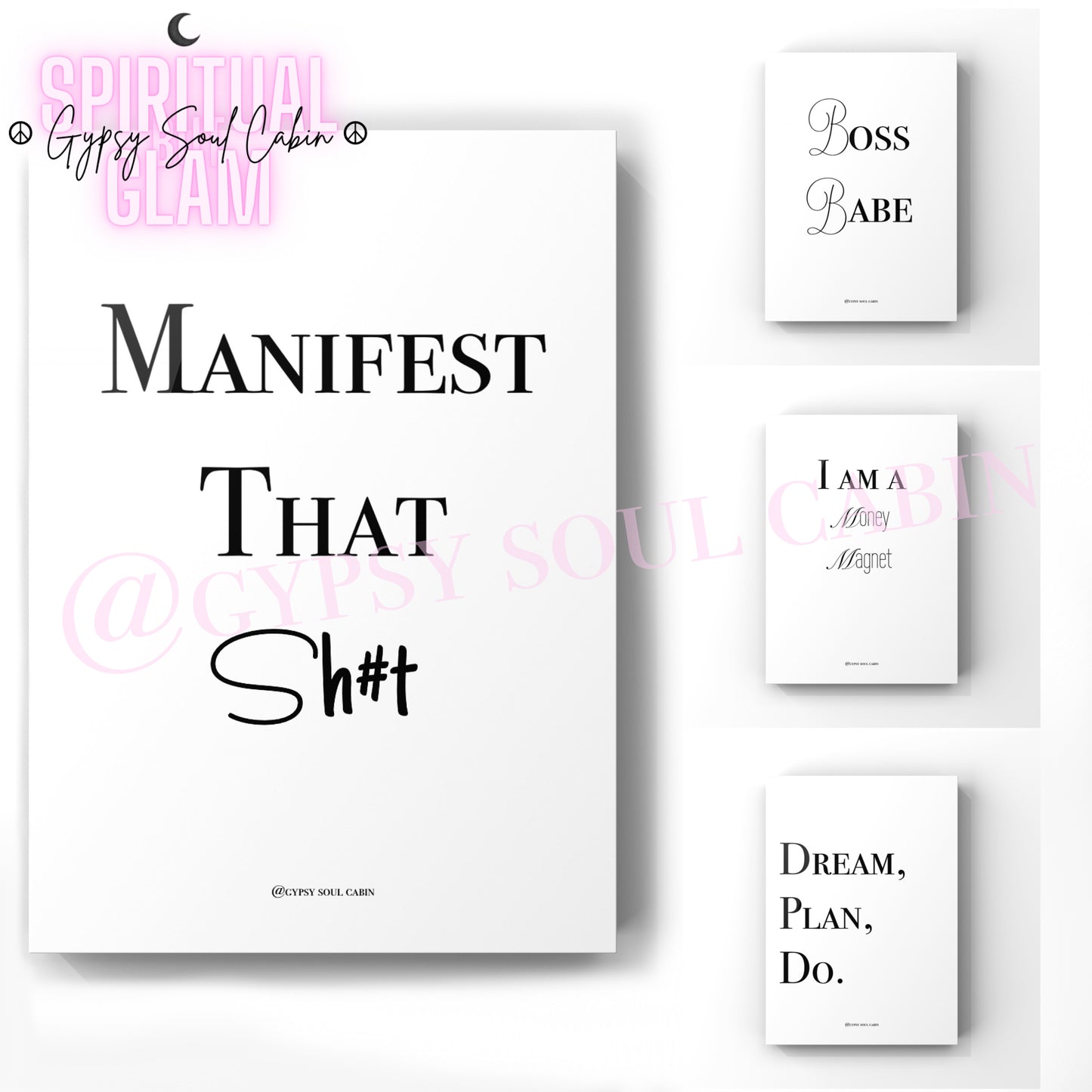 Set of four black and white A4 wall prints featuring empowering quotes: "Manifest That Shit," "Boss Babe," "Money Magnet," and "Dream, Plan, Do," designed as motivational decor.