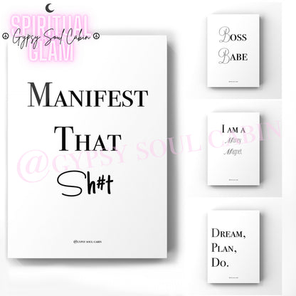 Set of four black and white A4 wall prints featuring empowering quotes: "Manifest That Shit," "Boss Babe," "Money Magnet," and "Dream, Plan, Do," designed as motivational decor.