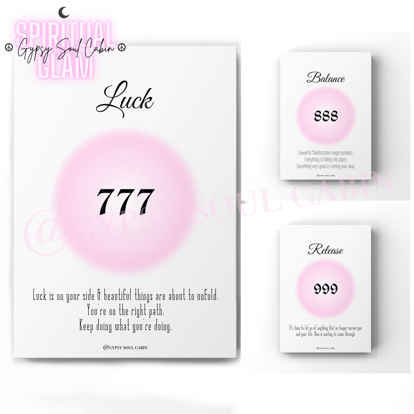 A set of three pink prints featuring angel numbers 777, 888, and 999 with accompanying quotes and names.