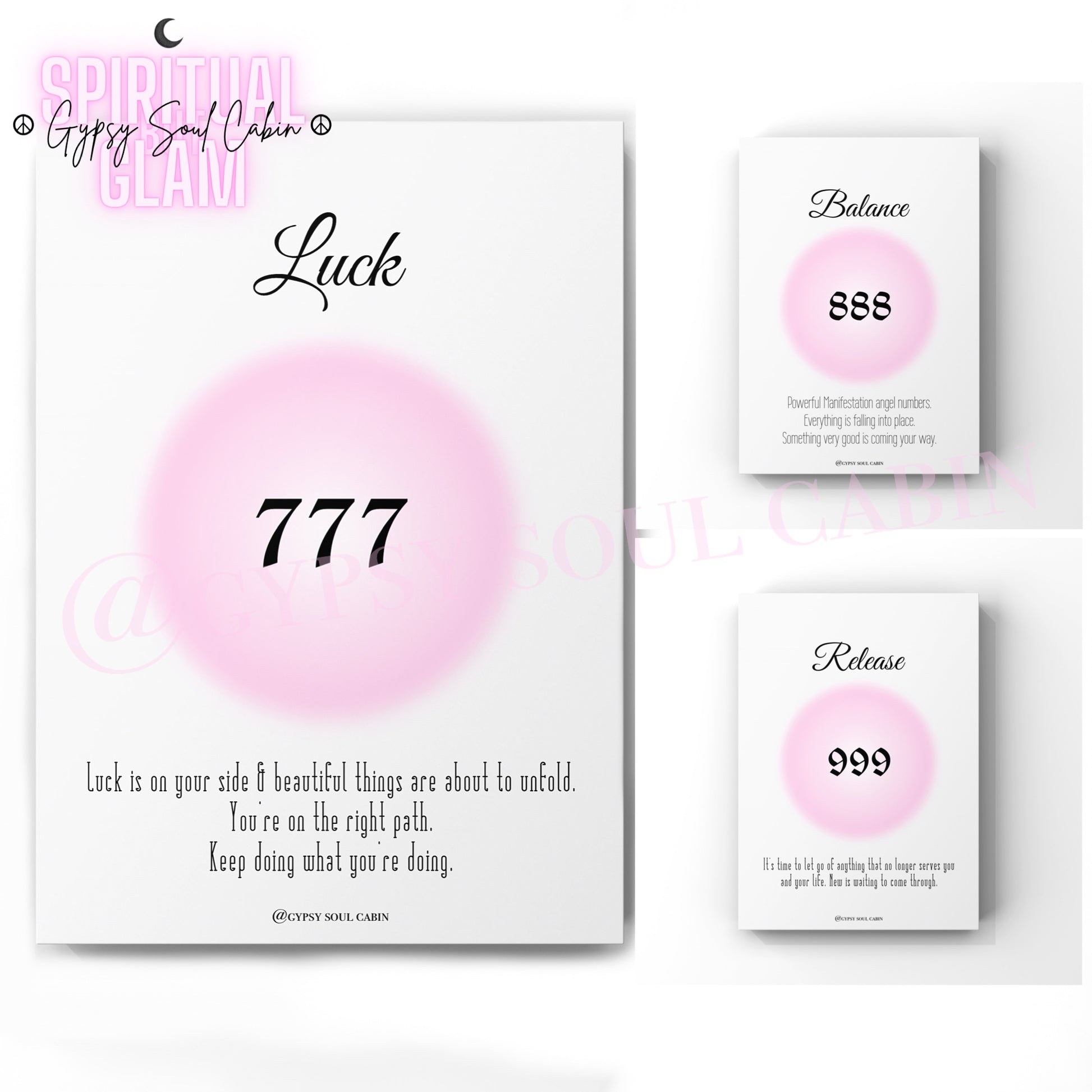 A set of three pink prints featuring angel numbers 777, 888, and 999 with accompanying quotes and names.