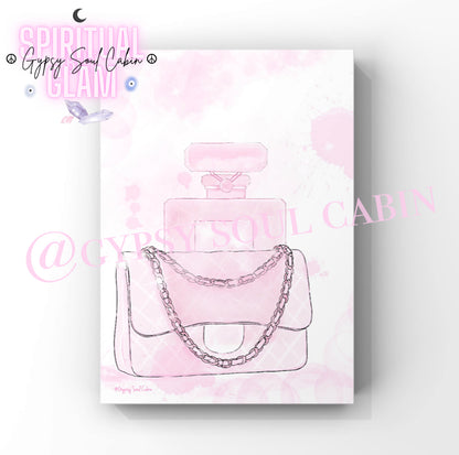Pink and white art print featuring a fashionable handbag, perfume bottle, and travel-inspired elements, ideal for stylish home decor.