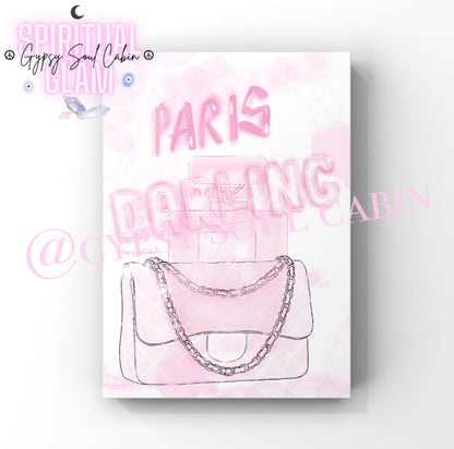 Pink and white art print featuring a fashionable handbag, perfume bottle, and travel-inspired elements, ideal for stylish home decor.