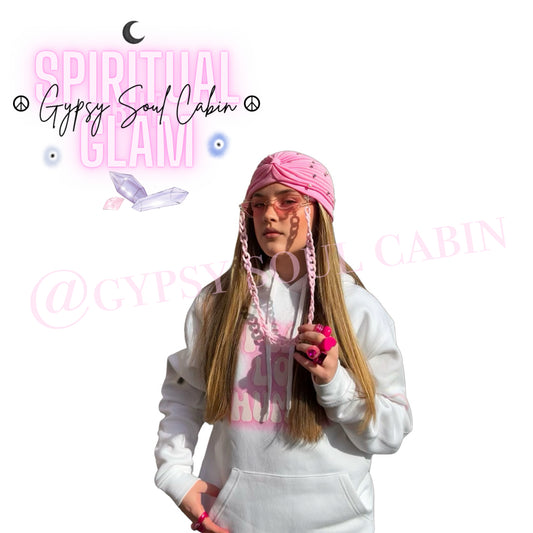 A person wearing a pink Bohemian head wrap with added pearls, standing against a white background with text that reads 'Spiritual But Glam' and '@GypsySoulCabin'.