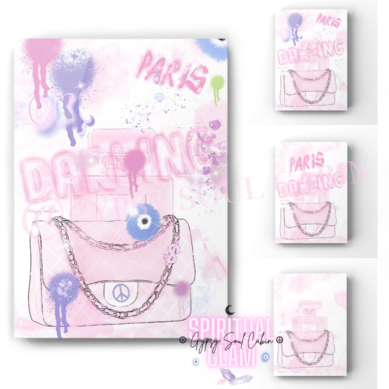 Pink graffiti art prints featuring a fashion bags, perfume bottles, and travel-inspired designs, perfect for unique stylish decor.