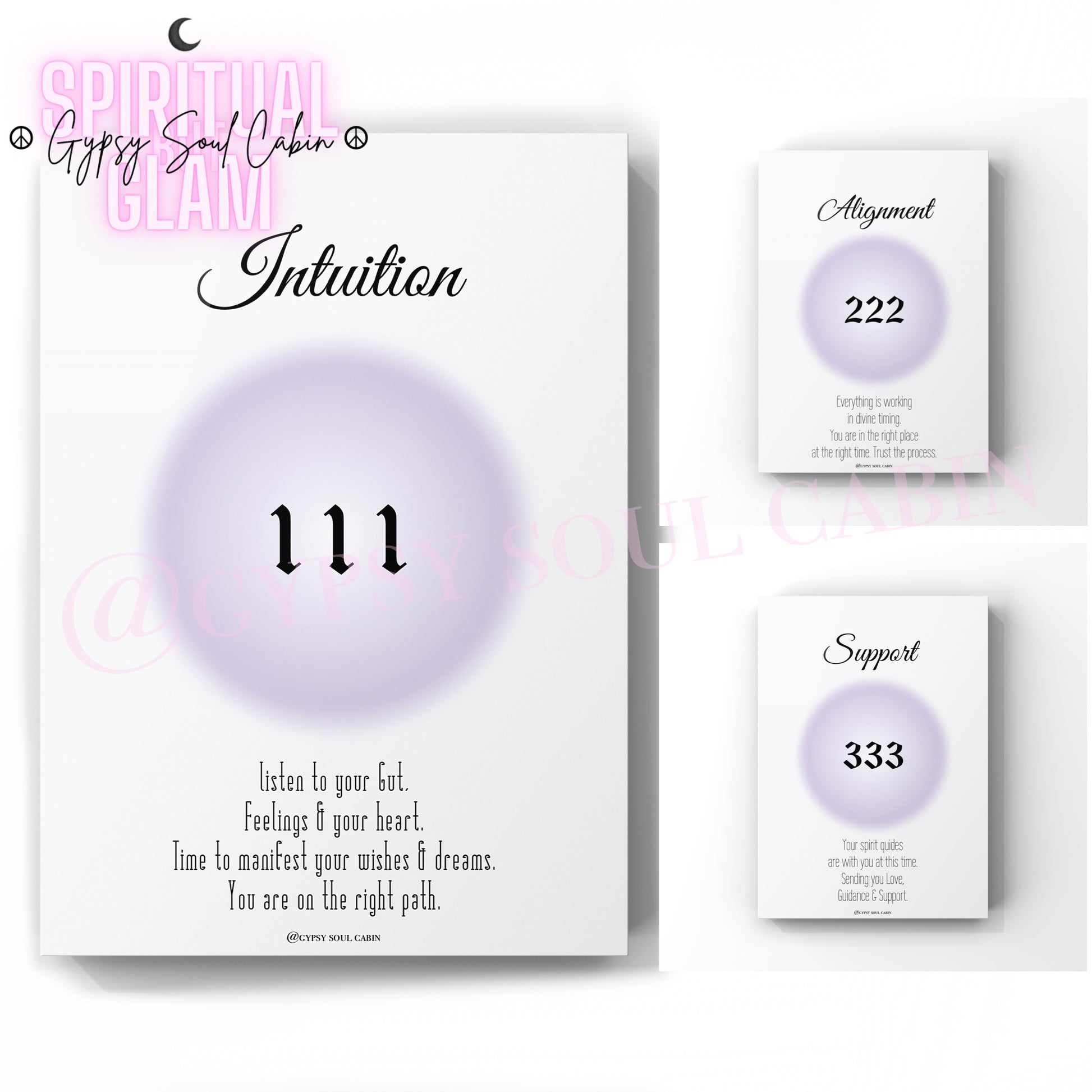 A set of three A4 size prints featuring angel numbers 111, 222, and 333 on a glossy purple background, with accompanying quotes.