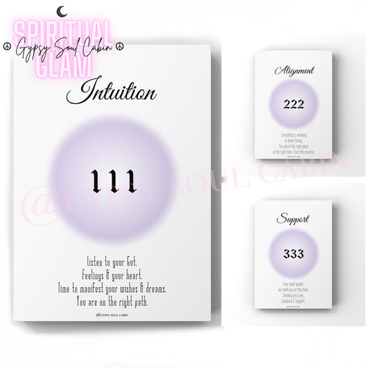 A set of three A4 size prints featuring angel numbers 111, 222, and 333 on a glossy purple background, with accompanying quotes.