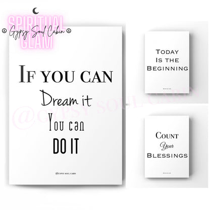 Set of black and white quote prints with inspirational wording on a white background.