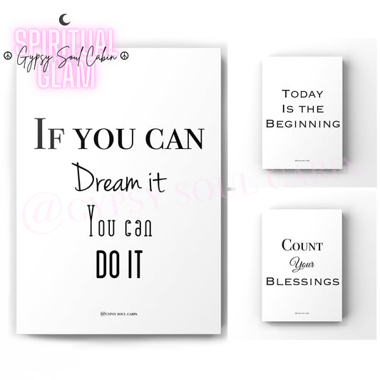 Set of black and white quote prints with inspirational wording on a white background.