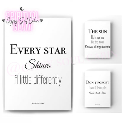 A set of three black and white quote prints with text related to the sun and sunsets, displayed on a white background.