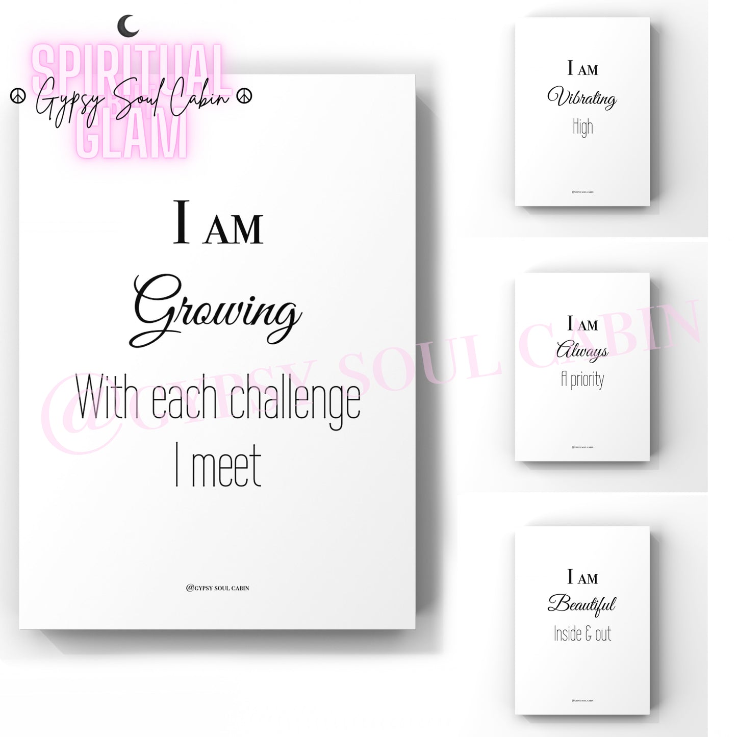 A collection of four black and white quote prints with the theme of spirituality and self-care. Each print has a different quote and aesthetic design.