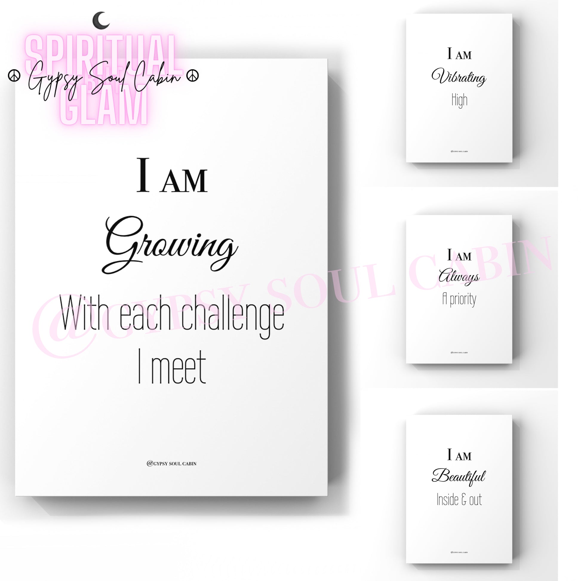 A collection of four black and white quote prints with the theme of spirituality and self-care. Each print has a different quote and aesthetic design.