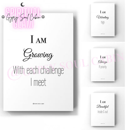 A collection of four black and white quote prints with the theme of spirituality and self-care. Each print has a different quote and aesthetic design.