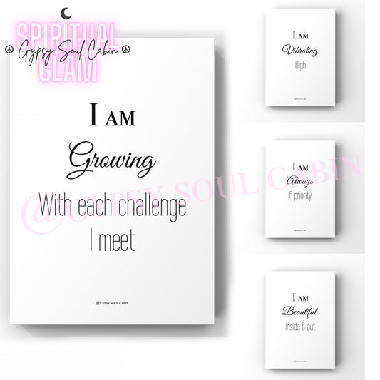 A collection of four black and white quote prints with the theme of spirituality and self-care. Each print has a different quote and aesthetic design.