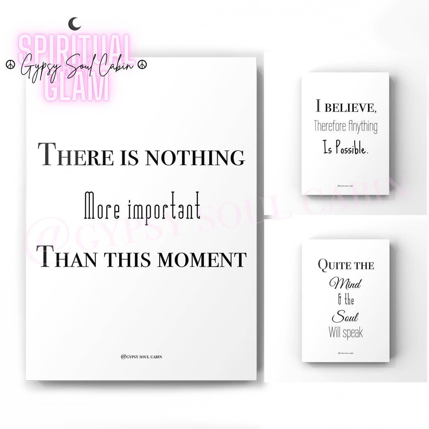 A minimalist set of poster prints with quotes like "There is nothing more important than this moment" in black text on a white background, emphasising mindfulness and presence.