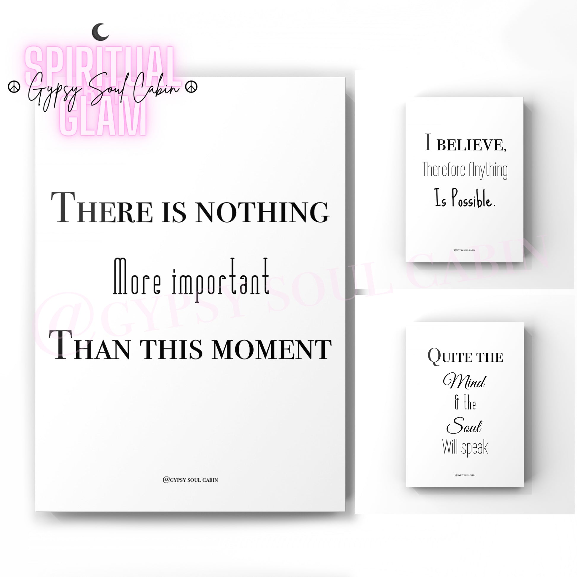 A minimalist set of poster prints with quotes like "There is nothing more important than this moment" in black text on a white background, emphasising mindfulness and presence.