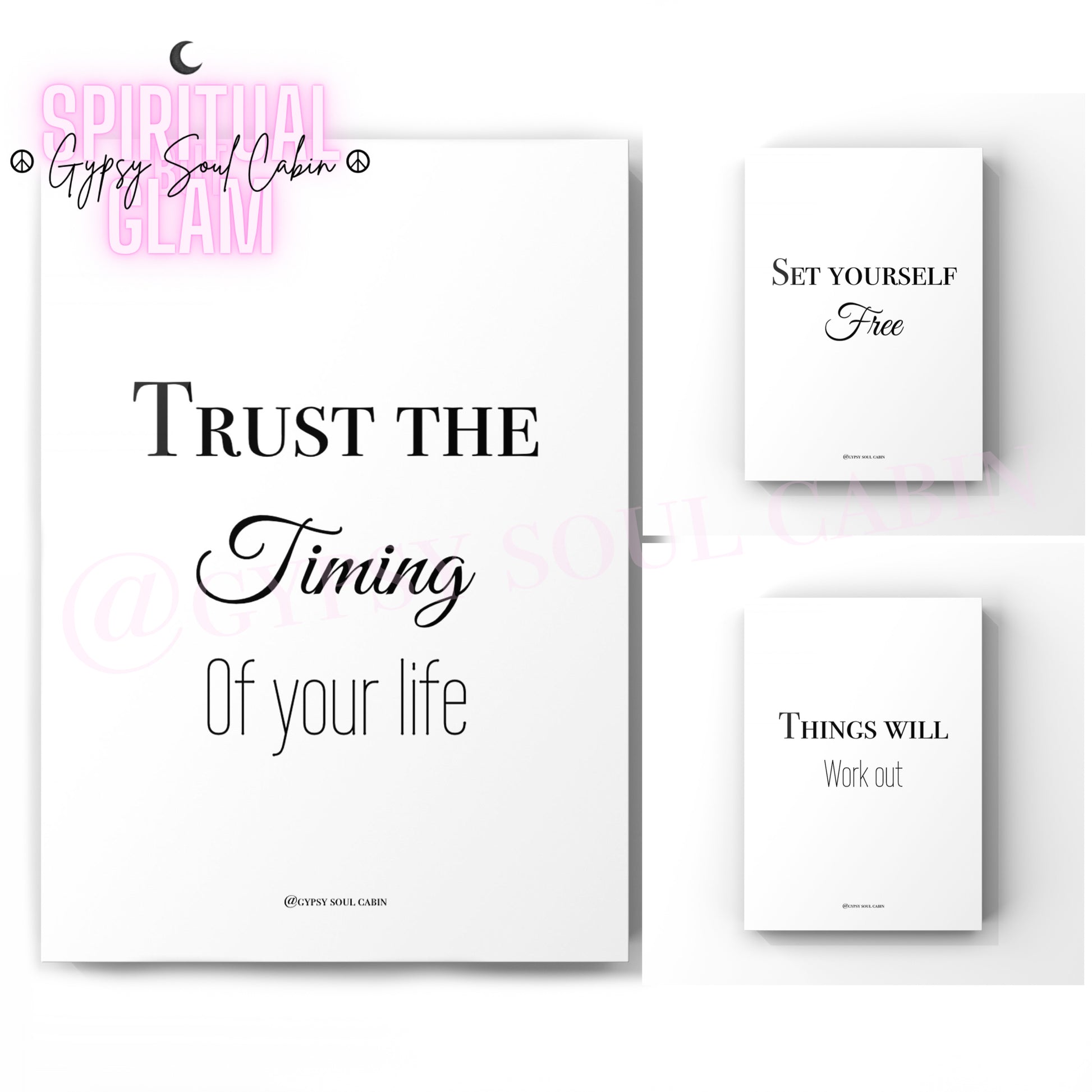 Three black and white quote prints with the text 'TRUST THE TIMING' and variations of the phrase 'THINGS WILL WORK OUT' displayed on them, arranged against a white background.