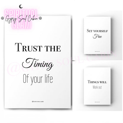 Three black and white quote prints with the text 'TRUST THE TIMING' and variations of the phrase 'THINGS WILL WORK OUT' displayed on them, arranged against a white background.