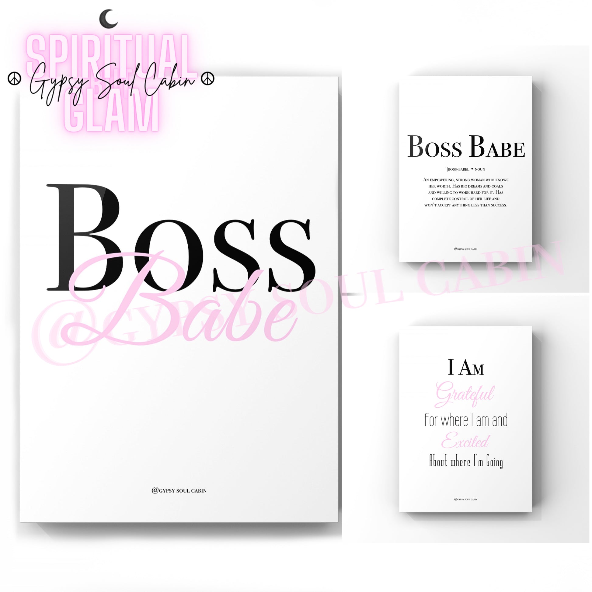 A set of three A4 black and white quote prints with pink and black text, featuring the phrases 'Boss Babe,' 'I Am Grateful,' and motivational messages, each with a minimalistic design.