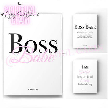 A set of three A4 black and white quote prints with pink and black text, featuring the phrases 'Boss Babe,' 'I Am Grateful,' and motivational messages, each with a minimalistic design.