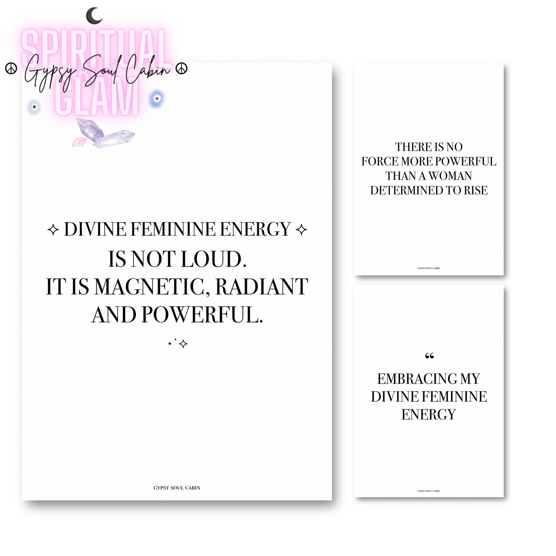 Set of empowering feminine energy quote prints on a white background, featuring motivational messages for inspiration and self-love, perfect for wall decor.