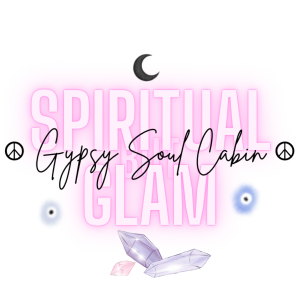 Logo for Gypsy Soul Cabin with crystals, evil eye symbols and peace signs on a white background.