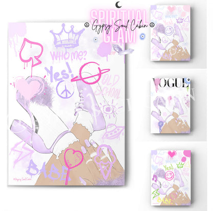 Colourful graffiti-inspired fashion illustrations featuring pretty hands, shoes, and various street art elements in pastel and vibrant colours such as pink, purple, blue, yellow and green, with words like 'Vogue', 'Baby', and phrases such as 'Who me?', 'Yes!', and 'Old School'.