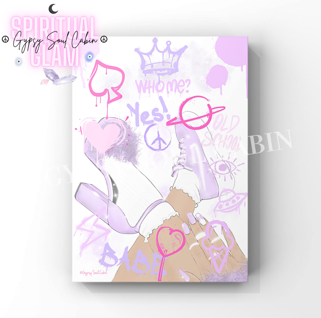 Colourful graffiti-inspired fashion illustrations featuring hands, shoes, and various street art elements in pastel pink, purple, and with words like 'Vogue', 'Baby', and phrases such as 'Who me?', 'Yes!', and 'Old School'.