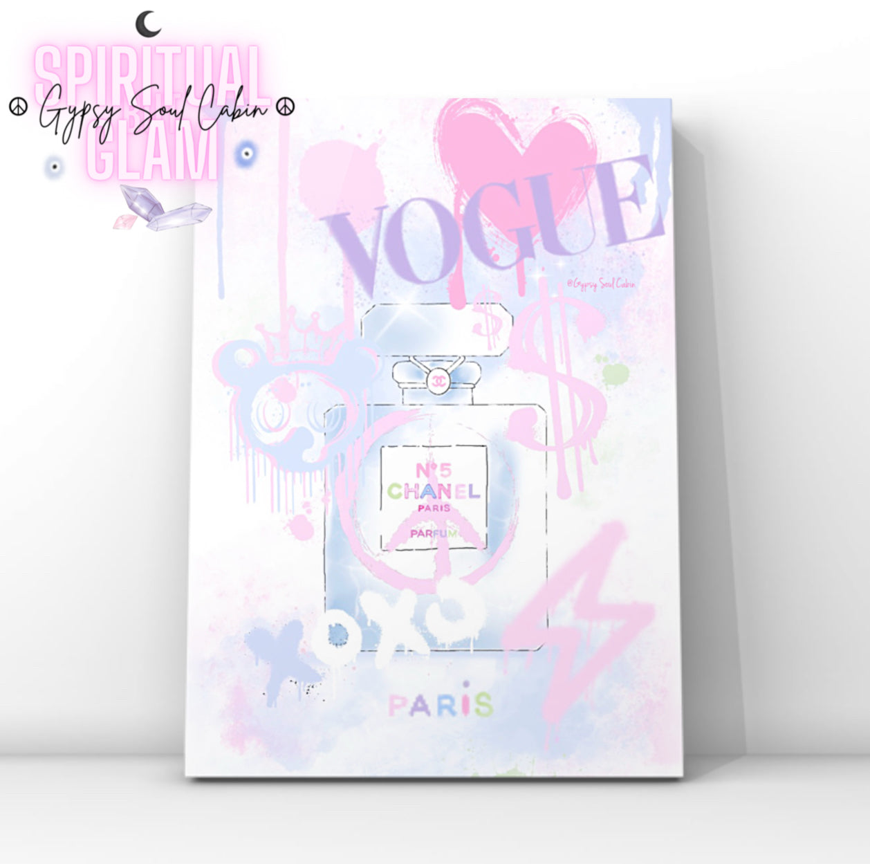 Trendy pastel graffiti art print featuring a perfume bottle with VOGUE and PARIS text, colorful hearts, dollar signs, and abstract splashes, perfect for modern feminine decor.