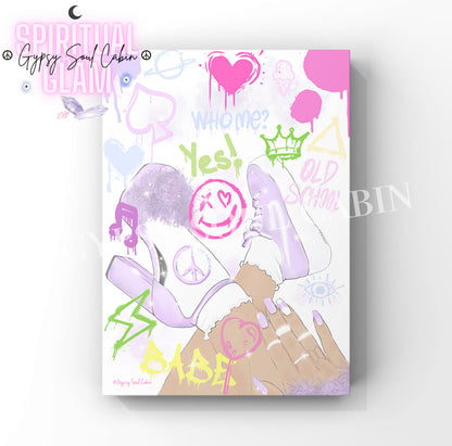 Colourful graffiti fashion wall print with artistic design elements and text on a white background.