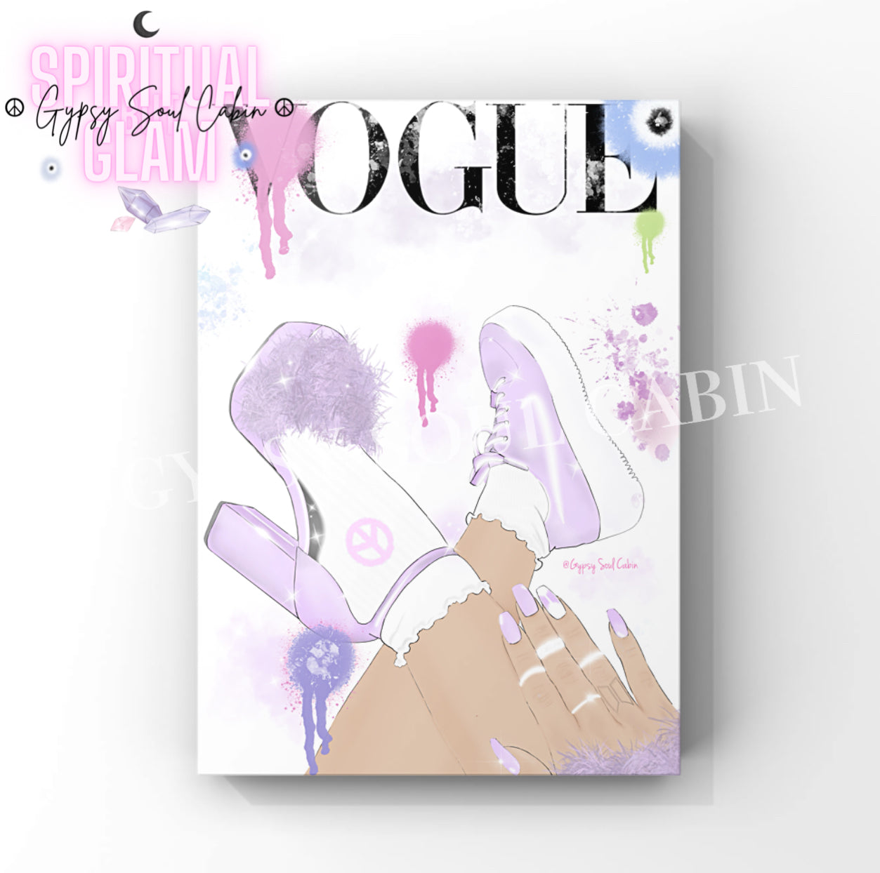 A4 wall print of high-heeled shoes and a pretty hand, styled like a Vogue magazine cover.