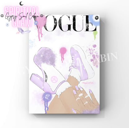 A4 wall print of high-heeled shoes and a pretty hand, styled like a Vogue magazine cover.