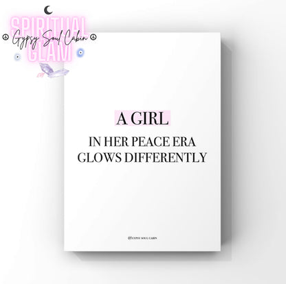 Minimalist typography wall art print featuring the empowering quote "A Girl In Her Peace Era Glows Differently," with the word "A Girl" highlighted in a soft pink label-maker style block.