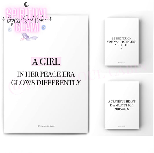 3-piece spiritual manifestation typography art print set featuring a main white print with pink highlighted text reading A Girl In Her Peace Era Glows Differently, a Be The Person You Want To Have In Your Life print, and a A Grateful Heart Is A Magnet For Miracles print.