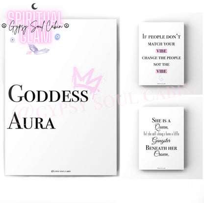 3-piece feminine energy typography print set gallery wall displaying the quotes “Goddess Aura”, “If people don't match your vibe, change the people, not the vibe”, and “She is a Queen”, but she will always have a little Gangster beneath her Crown.