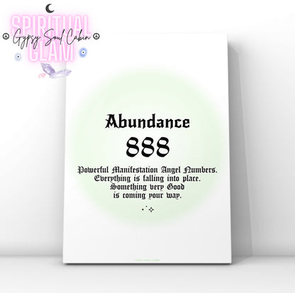 Minimalist A4 spiritual wall art print featuring a soft green aura gradient background with bold black gothic typography reading Abundance 888 and a financial manifestation guide text block.