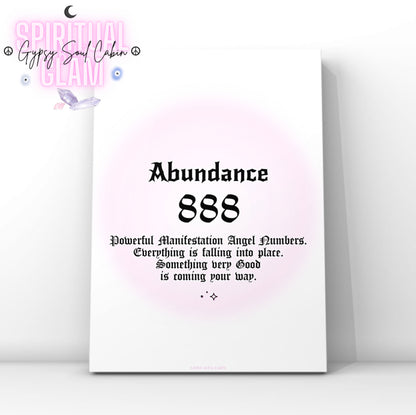 Minimalist A4 spiritual wall art print featuring a soft pink aura gradient background with bold black gothic typography reading Abundance 888 and a financial manifestation guide text block.
