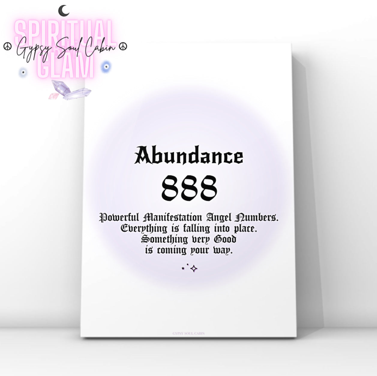 Minimalist A4 spiritual wall art print featuring a soft purple aura gradient background with bold black gothic typography reading Abundance 888 and a financial manifestation guide text block