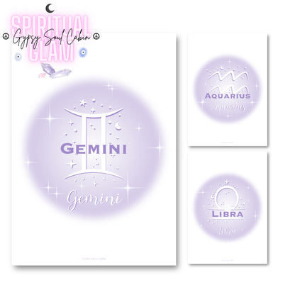 Set of three high-vibe pastel lavender gradient aura typography prints, including Gemini, Libra, and Aquarius zodiac signs.
