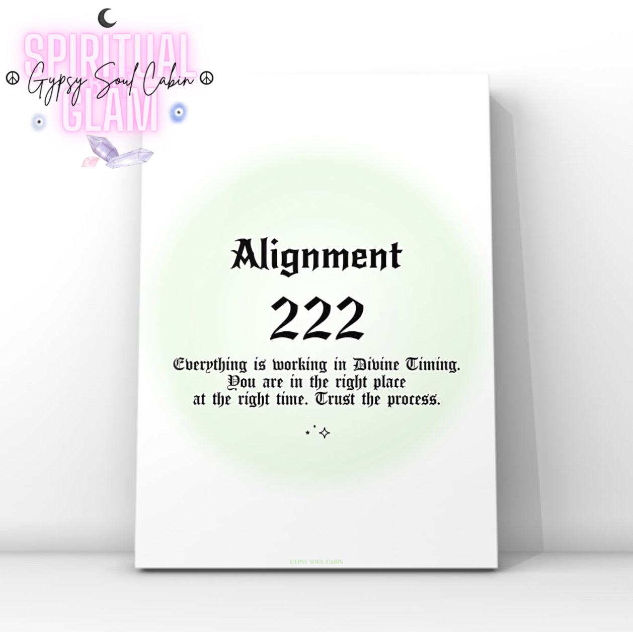 Minimalist A4 spiritual wall art print featuring a soft green aura gradient background with bold black gothic typography reading Alignment 222 and a divine timing guide text block.