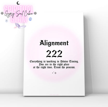 Minimalist A4 spiritual wall art print featuring a soft pink aura gradient background with bold black gothic typography reading Alignment 222 and a divine timing guide text block.