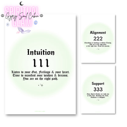 Set of three minimalist spiritual wall art prints featuring soft green mint aura gradient backgrounds with bold black gothic typography for angel numbers 111, 222, and 333.