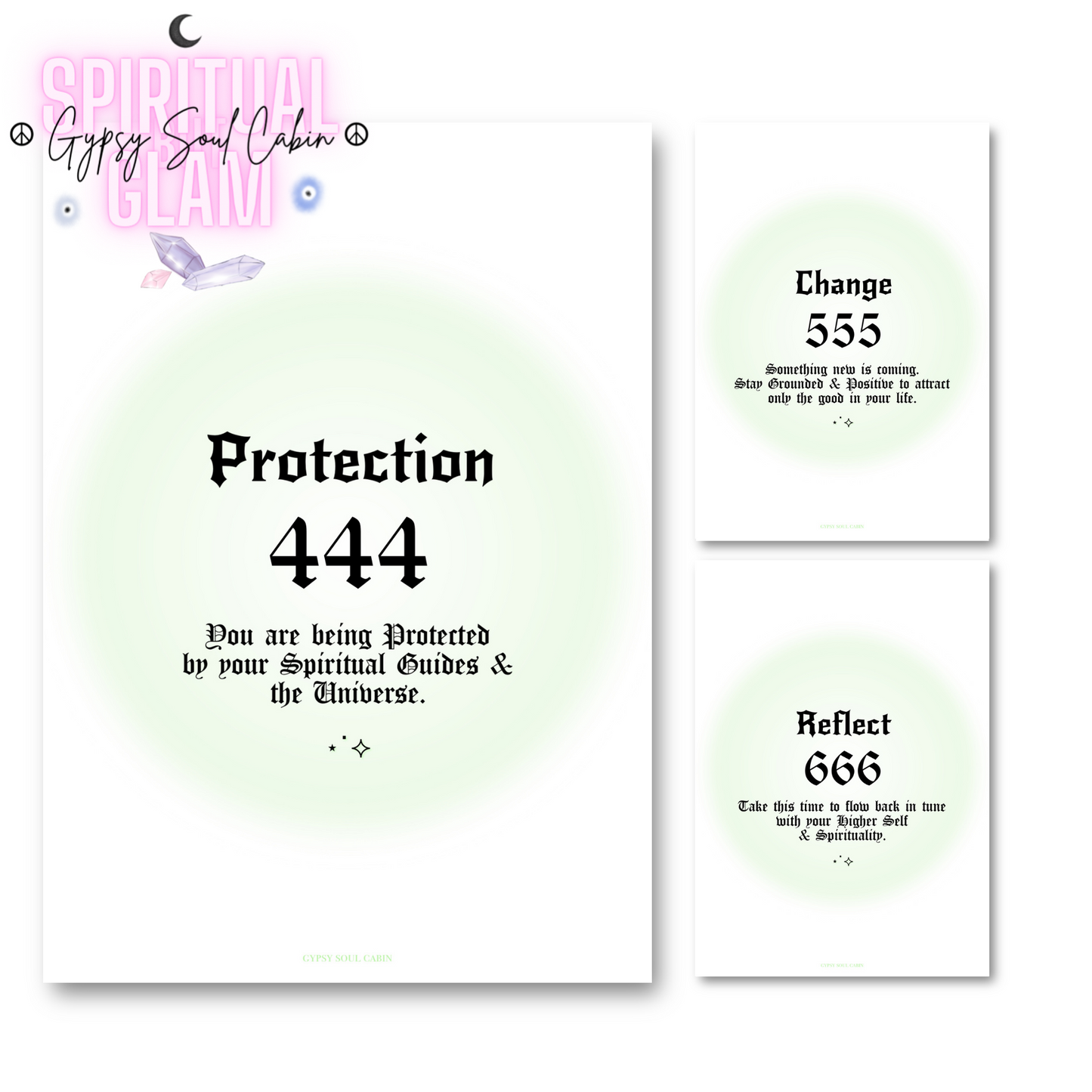 Set of three minimalist spiritual wall art prints featuring soft green mint aura gradient backgrounds with bold black gothic typography for angel numbers 444, 555, and 666.
