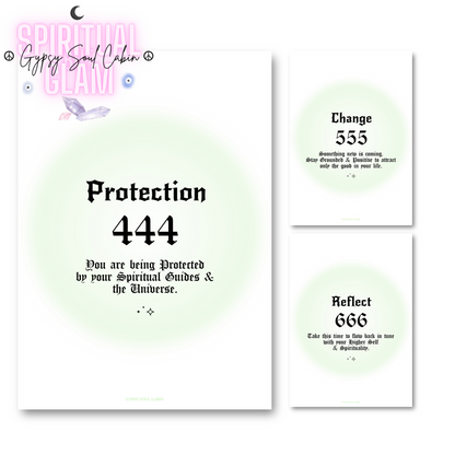 Set of three minimalist spiritual wall art prints featuring soft green mint aura gradient backgrounds with bold black gothic typography for angel numbers 444, 555, and 666.