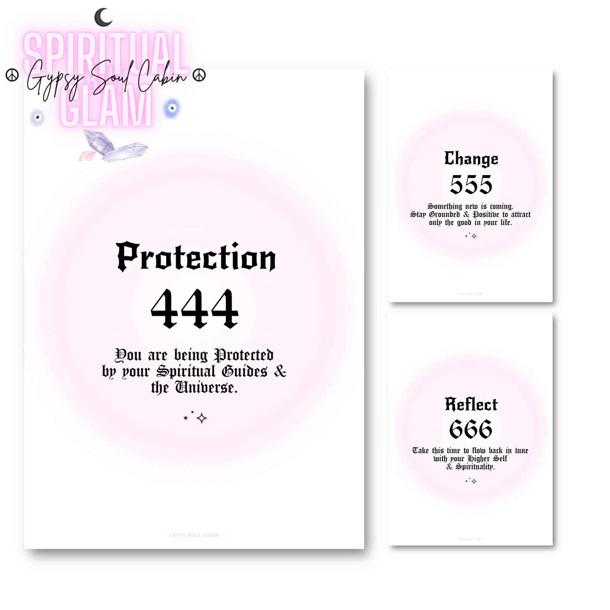 Set of three minimalist spiritual wall art prints featuring soft pink aura gradient backgrounds with bold black gothic typography for angel numbers 444, 555, and 666.