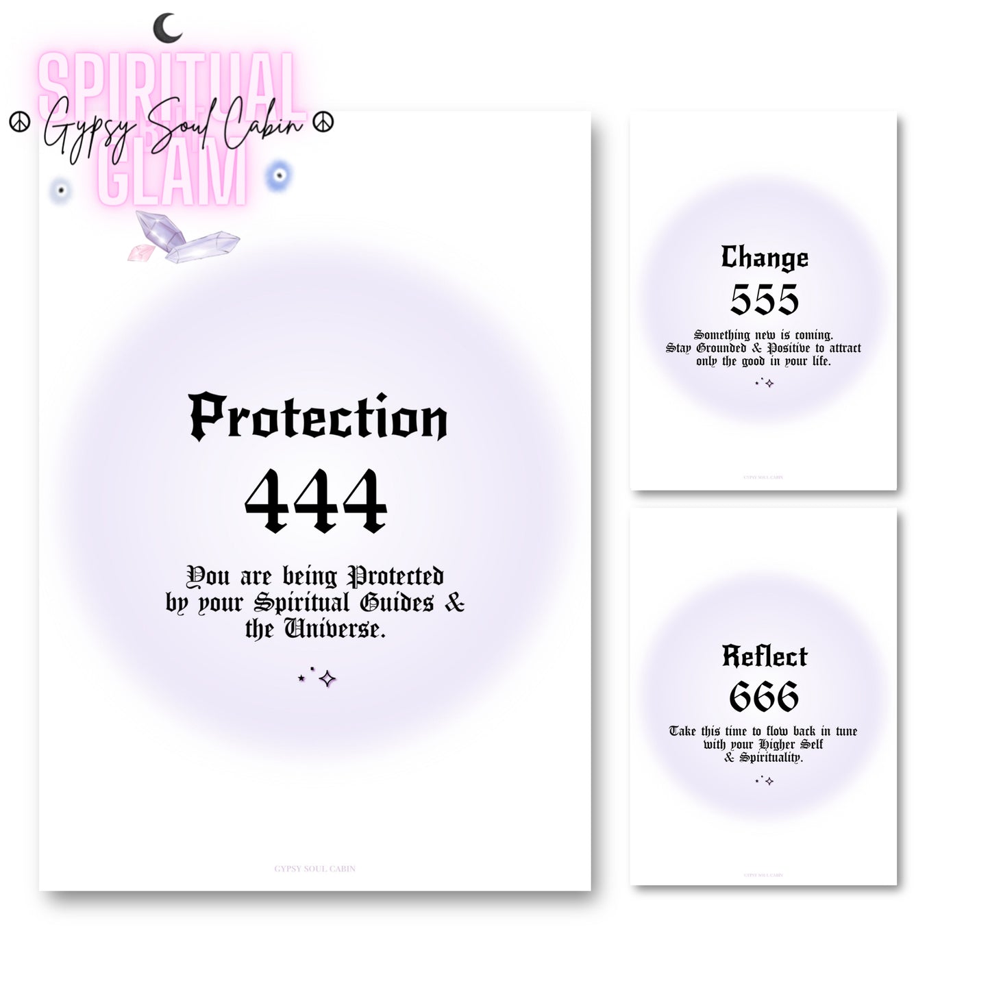 Set of three minimalist spiritual wall art prints featuring soft purple aura gradient backgrounds with bold black gothic typography for angel numbers 444, 555, and 666.