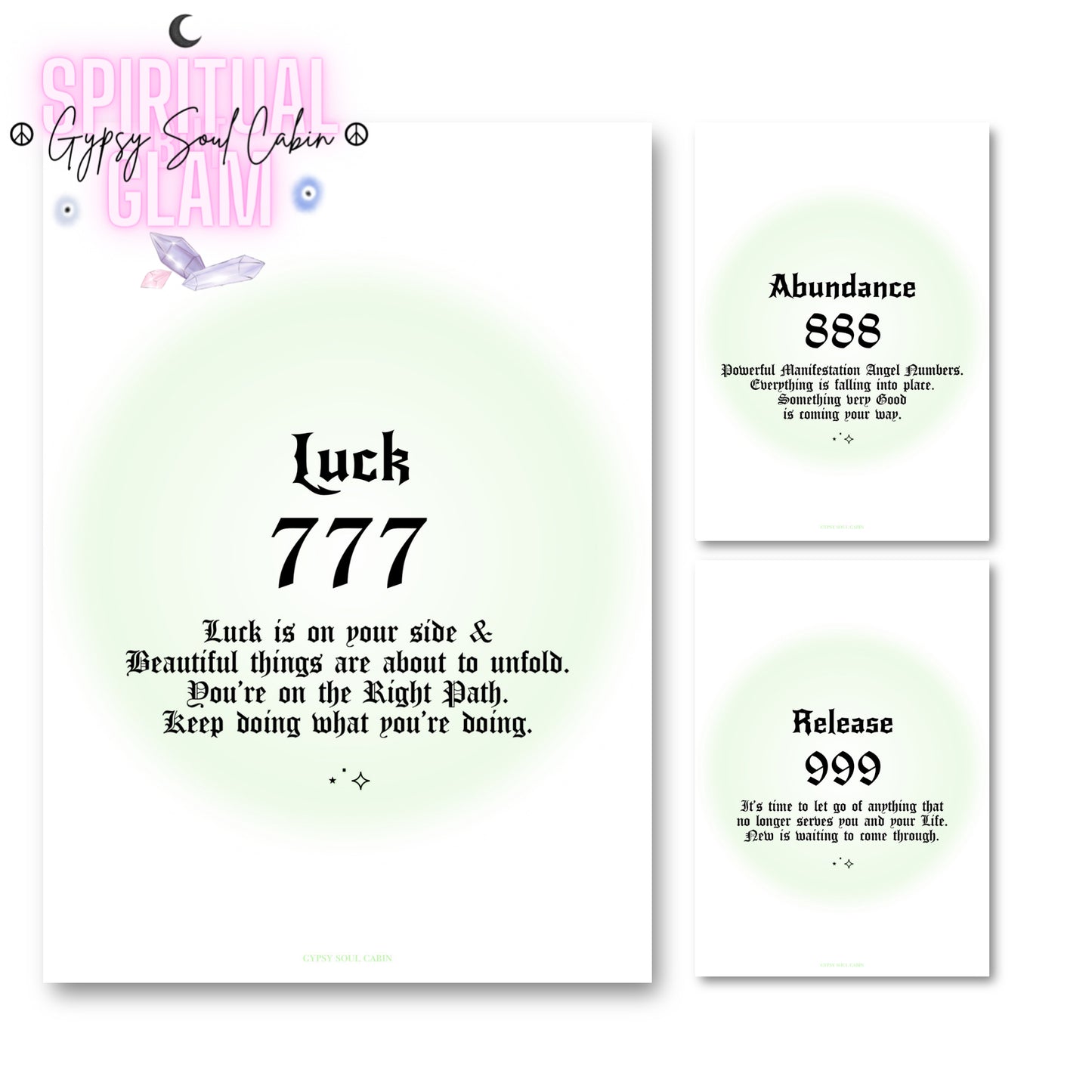 Set of three minimalist spiritual wall art prints featuring soft green mint aura gradient backgrounds with bold black gothic typography for angel numbers 777, 888, and 999.