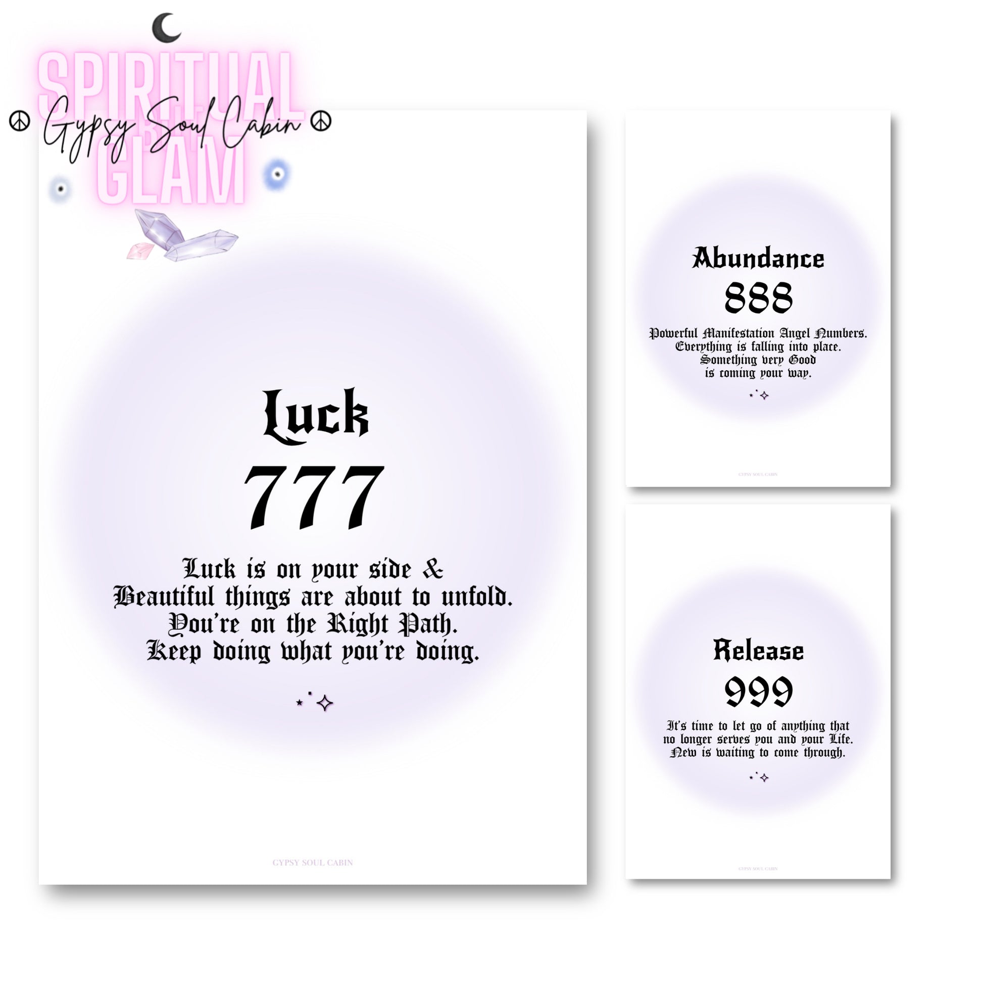 Set of three minimalist spiritual wall art prints featuring soft purple aura gradient backgrounds with bold black gothic typography for angel numbers 777, 888, and 999.