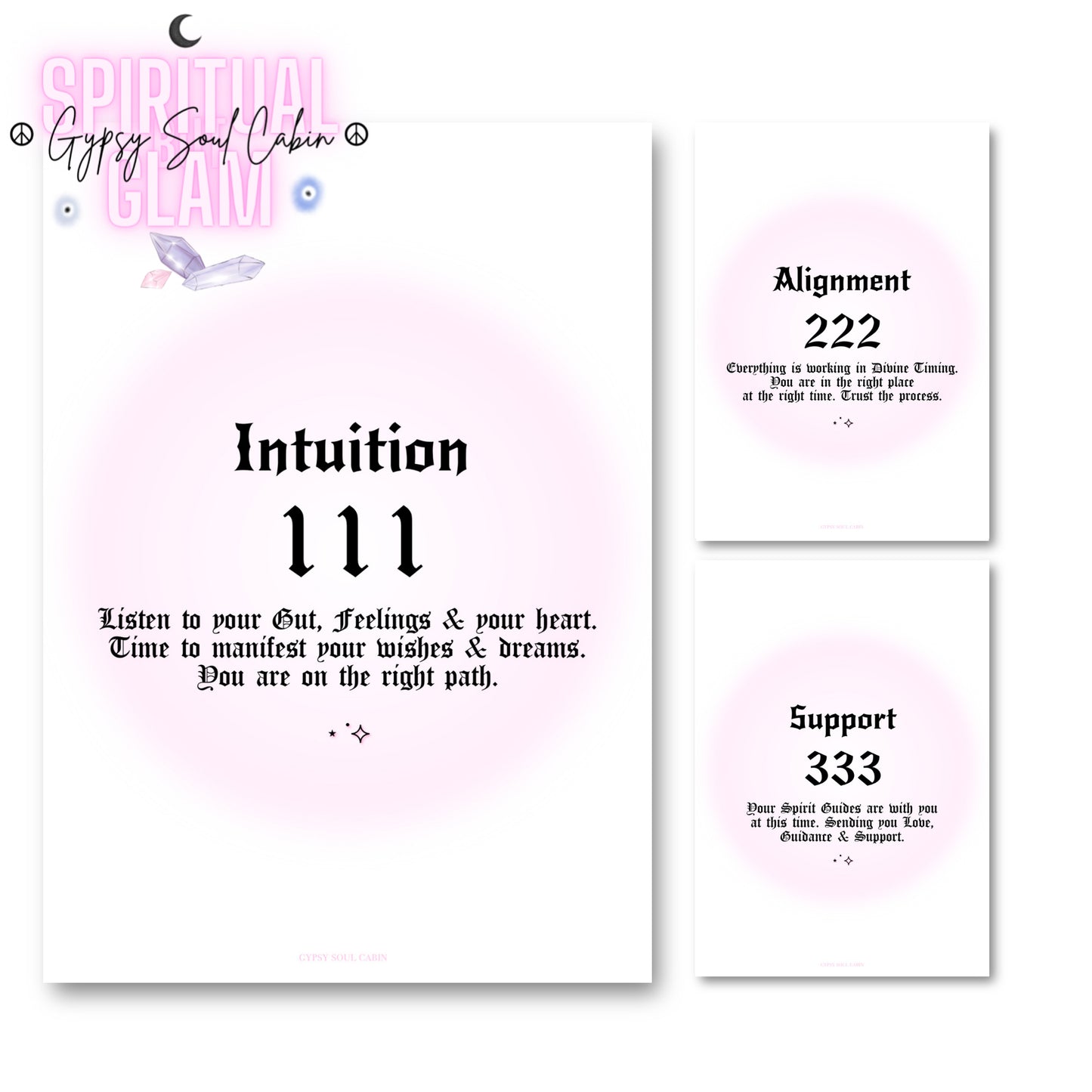 Set of three minimalist spiritual wall art prints featuring soft pink aura gradient backgrounds with bold black gothic typography for angel numbers 111, 222, and 333.