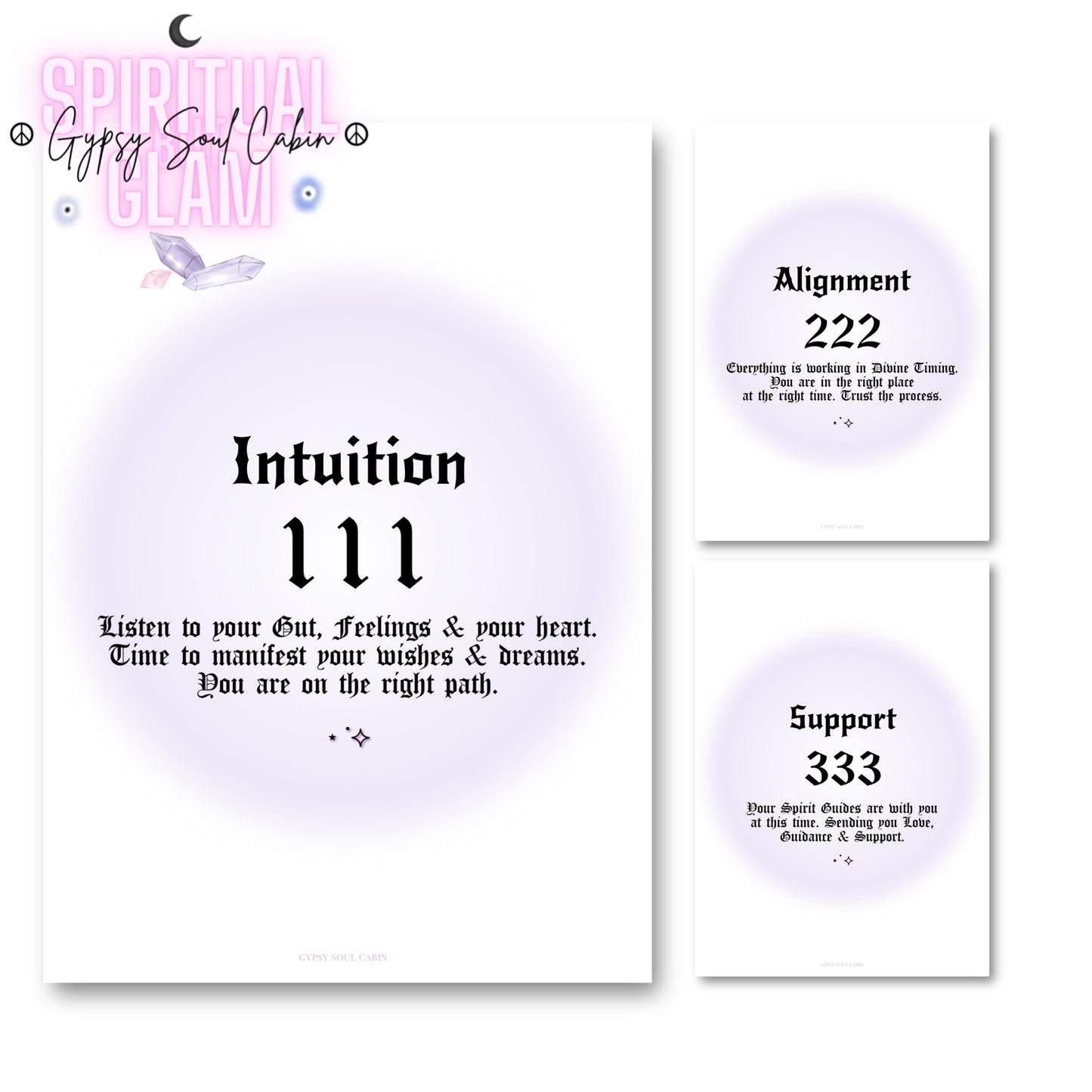 Set of three minimalist spiritual wall art prints featuring soft purple aura gradient backgrounds with bold black gothic typography for angel numbers 111, 222, and 333.