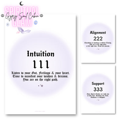 Set of three minimalist spiritual wall art prints featuring soft purple aura gradient backgrounds with bold black gothic typography for angel numbers 111, 222, and 333.